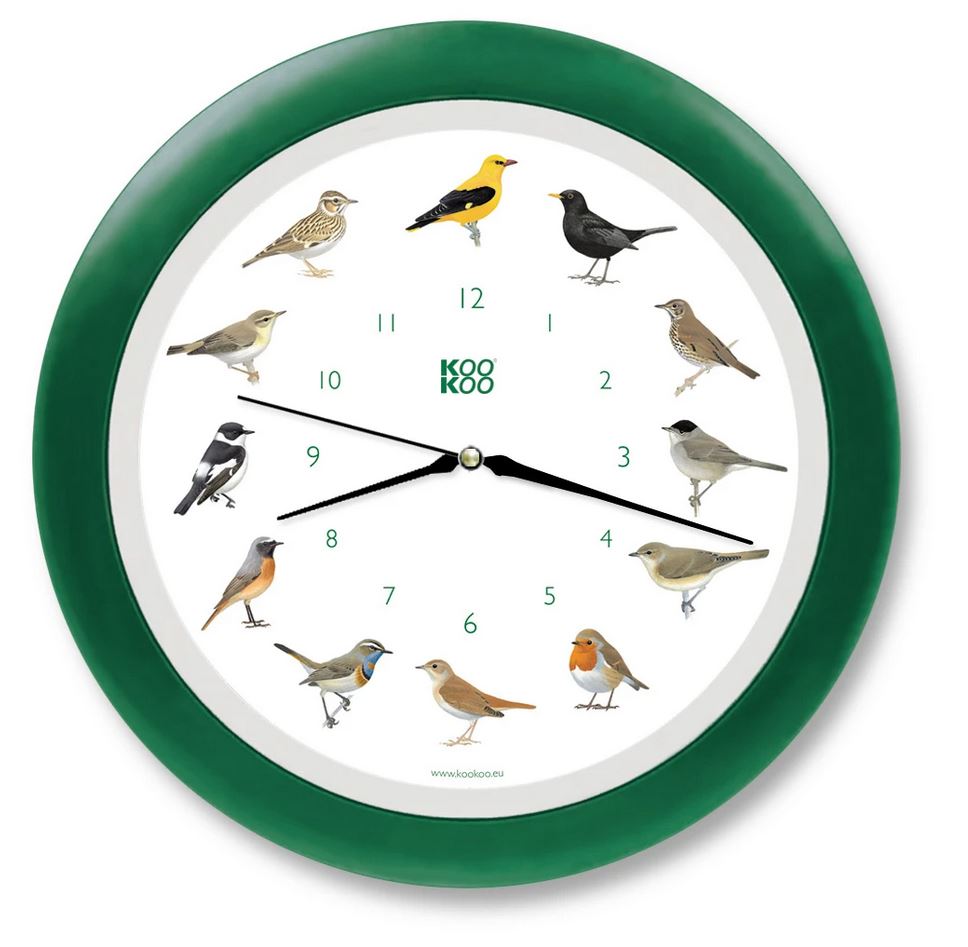 RELOJ DE PARED SONORO AVES CANTORAS KOOKOO MARCO VERDE 1