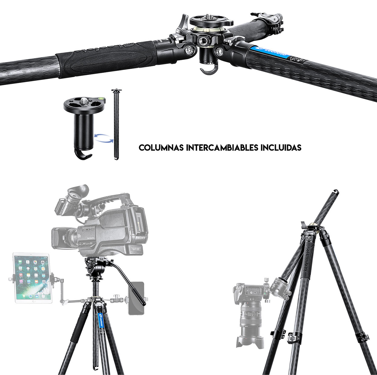 LEOFOTO KIT TRÍPODE DE FIBRA DE CARBONO MANBA LV-284C Y RÓTULA FLUIDA BV-5 8